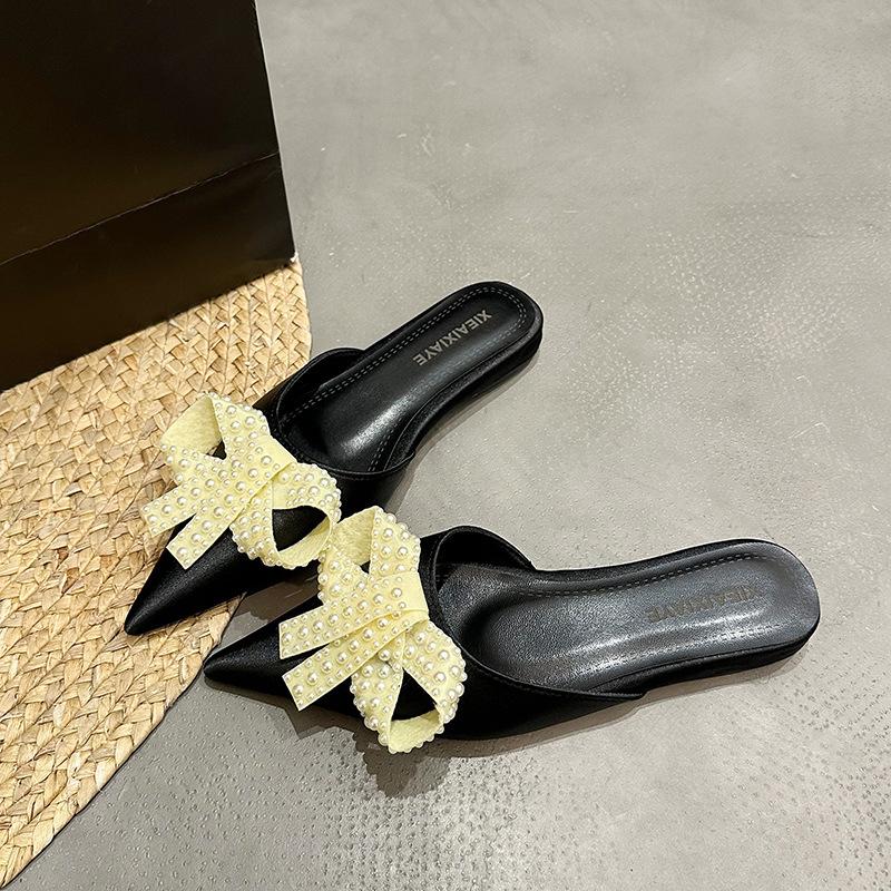 Main wedding dress satin pointed white wedding shoes crystal bow high heel bridal plus size dress slippers