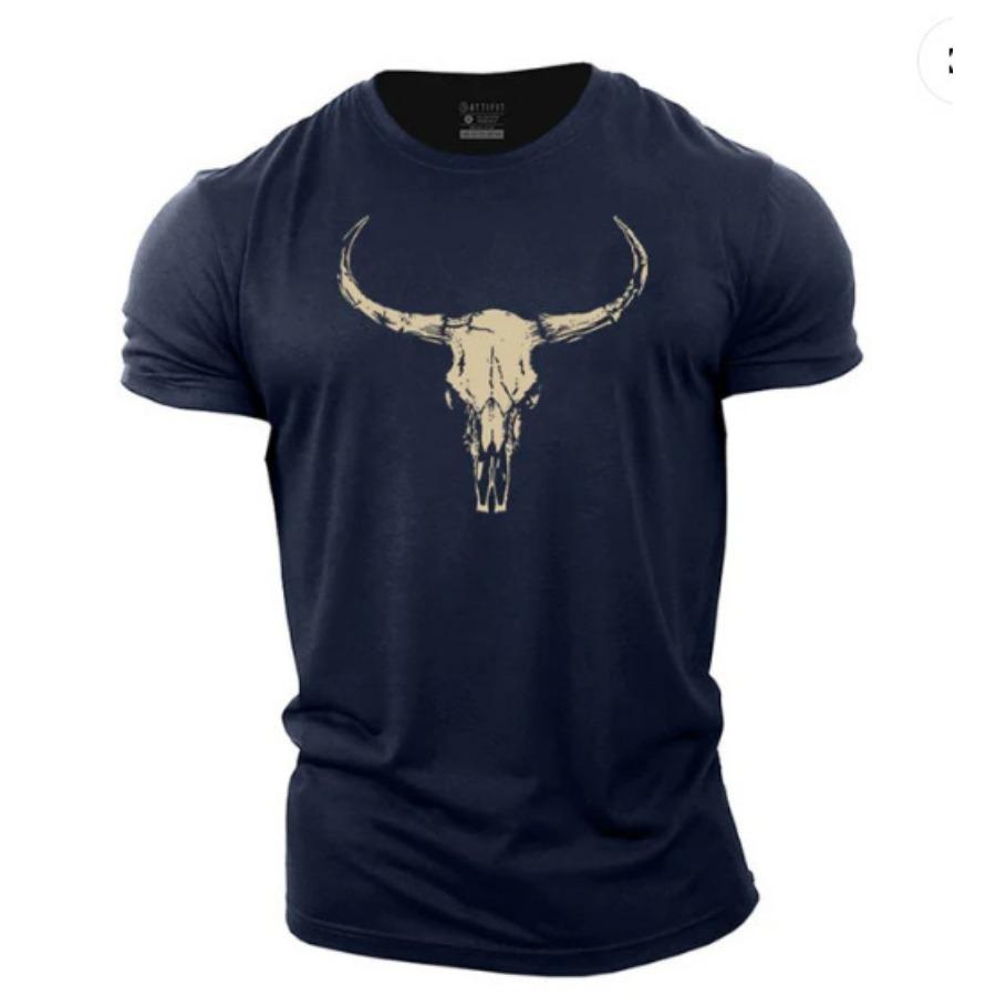 Men's Short Sleeve Bullhead Printed Crew Neck Breathable Fast Dry Sports Fashion T-Shirt