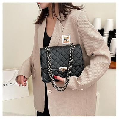 Women Solid Color Lingge Lock Buckle Square Crossbody Bag Leisure PU Inclined Shoulder Bags Chain Band Strap Large Capacity