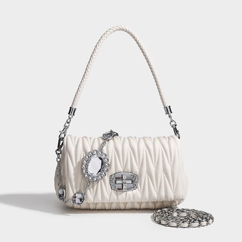 Leather Armpit Bag, New Korean Style Fashionable Crossbody Women's Bag, High-end Rhinestone Small Square Bag, Chain Bag, Pleated Bag