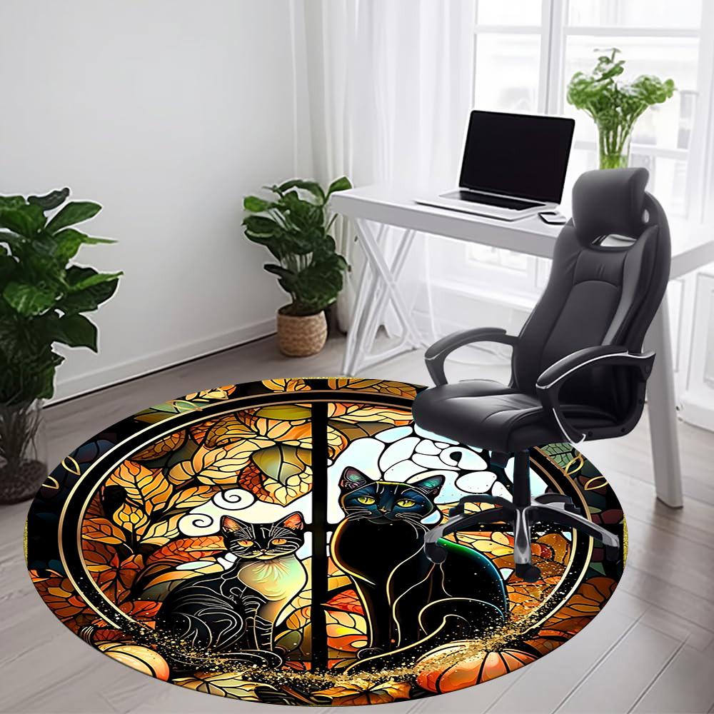 1pc Cat Autumn Office Round Area Rug, Indoor Mat Suitable ForOffice, Under Office Chairs Bedroom Living Room Home Decor, Room Deco D032