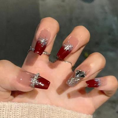 24 Pieces Burgundy Smudge Flash Love Wearing Nail Long Nail Art Film Transparent Spice Girl Ins Wind Fake Nails