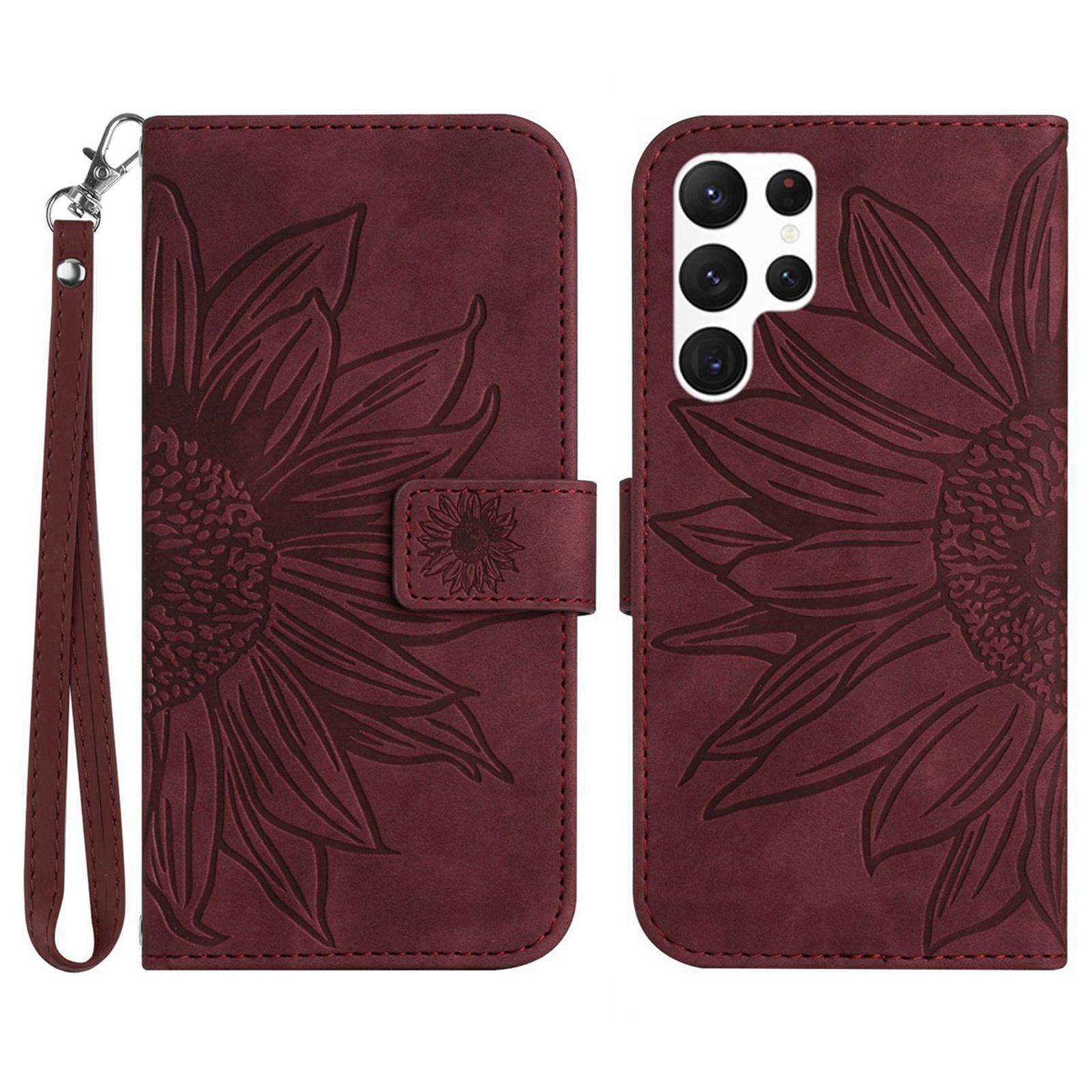 

HT04 For Samsung Galaxy S25 Ultra Case Sunflower Imprint Leather Wallet Phone Cover with Wrist Strap E