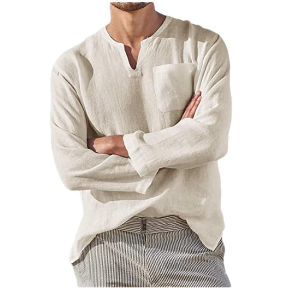 Men's Long-Sleeved V-Neck Casual Beach Linen Shirt