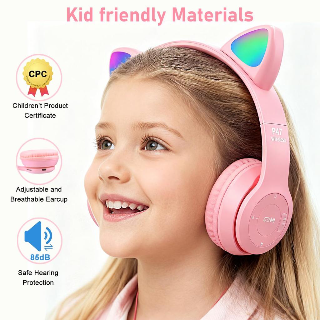 Auriculares Inalámbricos/Alámbricos para Niños Megadream con Límite de Volumen Seguro de 85 dB, Micrófono, Diseño de Luz LED de Oreja de Gato, Bluetooth 5.0, Longitud de Cable de 1 m, Tarjeta TF
