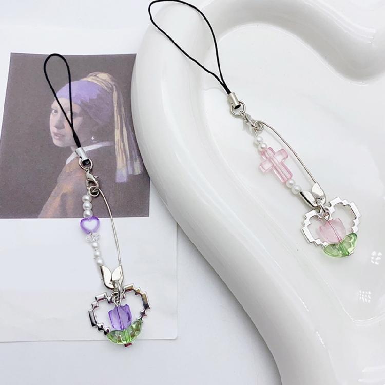 Simple Pin Heart Flower Pendants Phone Charm Straps Lanyard Purse Accessories