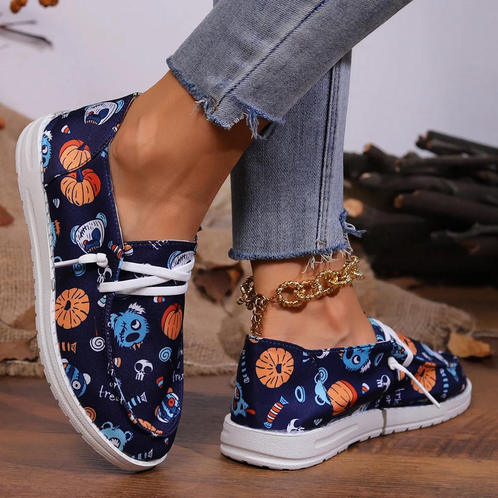 Fashion Pumpkin Shoes for Women Autumn New Style Round Toe Printed Front Lace-up Shoes Breathable Cloth Loafers Espadrilles Luxury Shoes