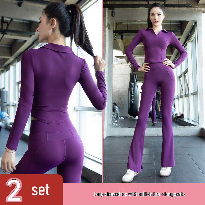 Women's Professional Yoga Suit with Chest Pads – Summer Pilates Training, Lapel, Long Sleeves, Outdoor-Ready Tight-Fitting Fitness Wear