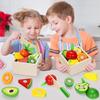 TooyBing Wooden Play Food Toy Set for Kitchen 30 Montessori Cut Color Sort Fake Fruit Accessories with 4 Toddler Play Birthday Gift for Boys and Girls