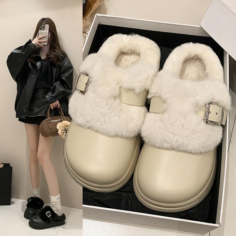 Women's Baotou plush slippers padded warm winter thick bottom heightened home slippers casual walking indoor shoes snow cotton slippers