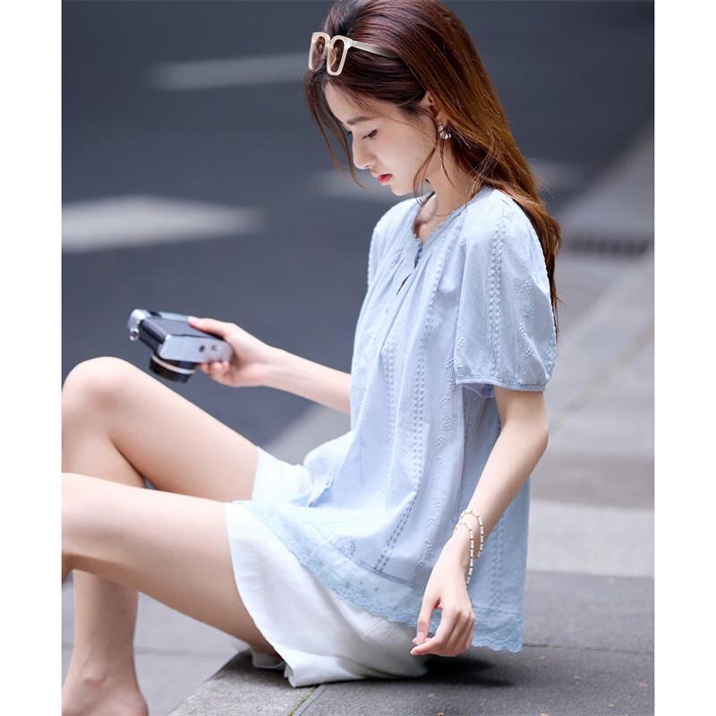 Women s Cotton Lace Pleated Short Sleeve Top M