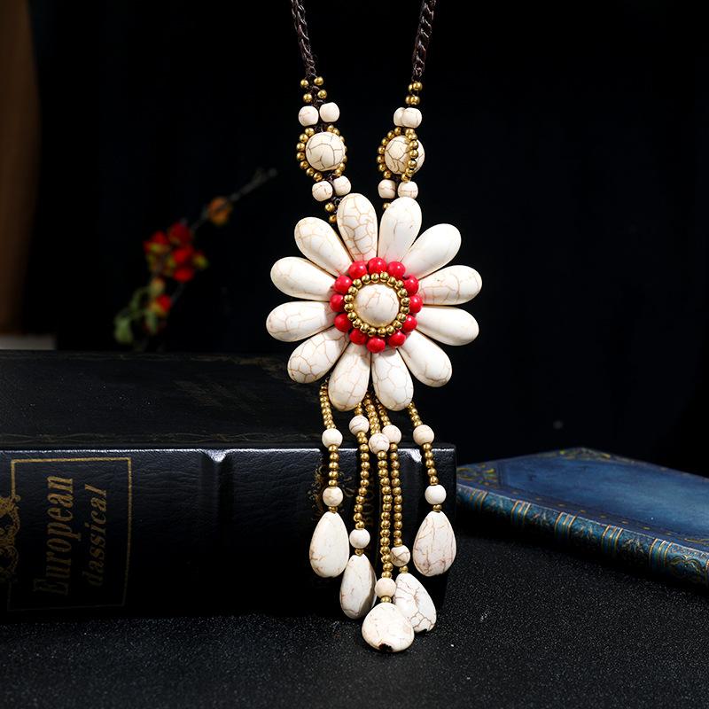 

Ретро бирюзовое ожерелье с цветком ручной работы длинное с бахромой женская осенне-зимняя цепочка для свитера универсальные аксессуары