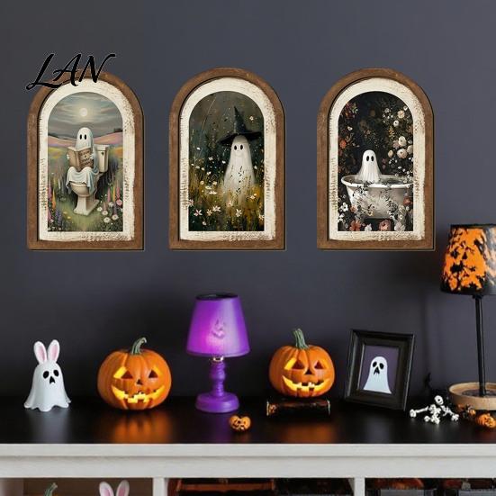 Decorative Shelf Ghost Art Halloween Wall Decor, Cute Table Sign, Vintage Arch Framed Tabletop Decoration Picture, for Mantel Living Room Bedroom