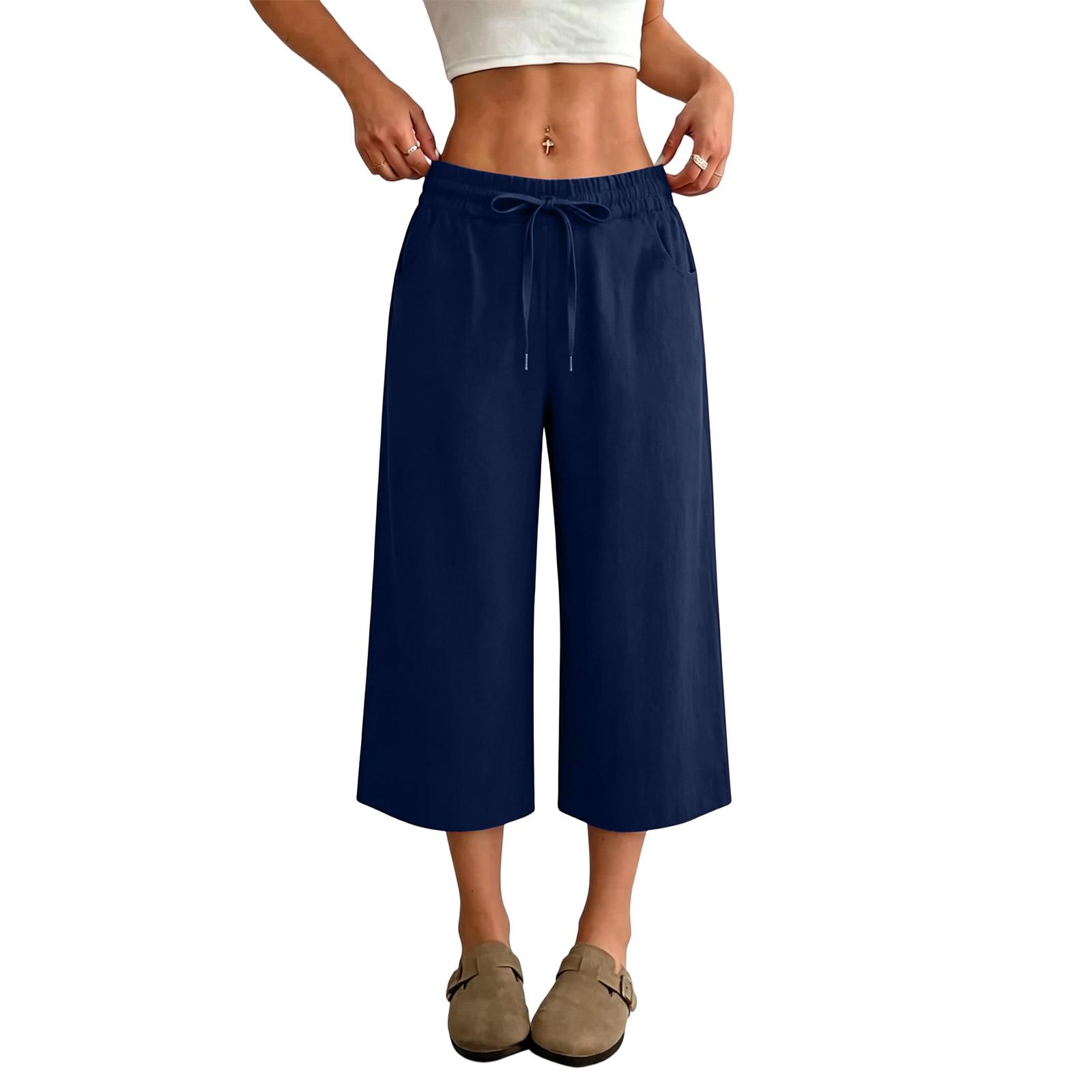 

Women’s Loose Fit Wide Leg Cropped Pants with Drawstring Waist Casual Lightweight Straight Leg Trousers for Daily Wear S тёмно-синий