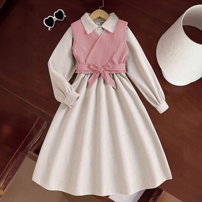 Girls' Suit Cross-border Children's Wear 2025 Autumn New Vintage Belt Vest Elegant Long-sleeved Dress Two-piece Set