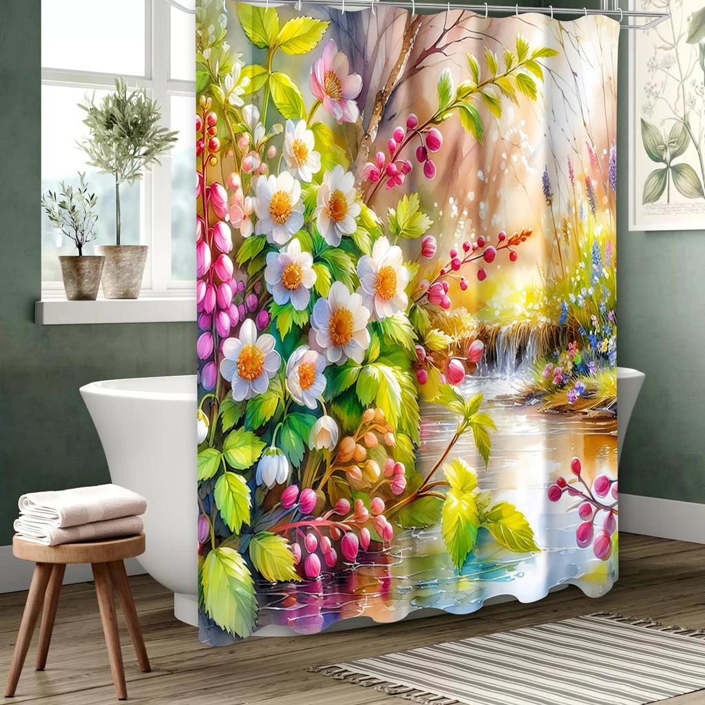Floral Pattern Bathing Curtain Bathroom Shower Curtain Waterproof With 12 Hooks Home Deco