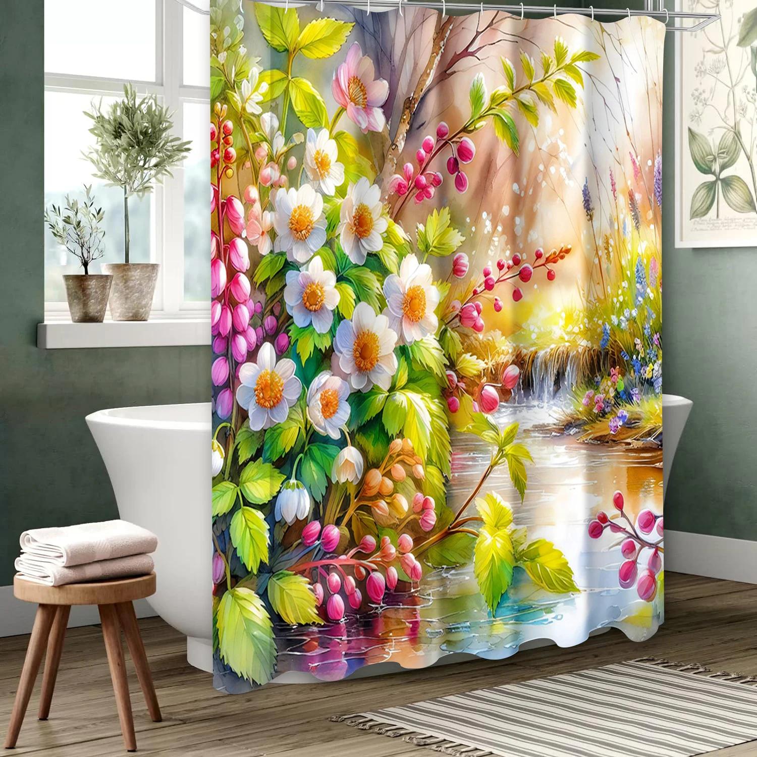 

Floral pattern Bathing Curtain Bathroom Shower Curtain Waterproof With 12 Hooks Home Deco W90xH180cm