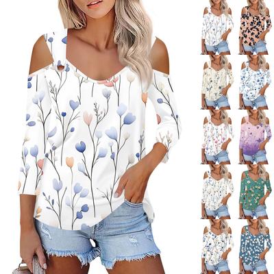 Women's Casual Shirt Blouse Print V-neck Sexy Cold Shoulder 3/4 Sleeve Top