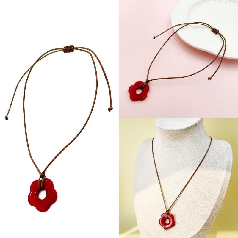 Fashion Red Acrylic Flower Pendant Necklace Hollow Flower Charm Clavicle Chain Fashion Jewelry Gift Women Girl Teen