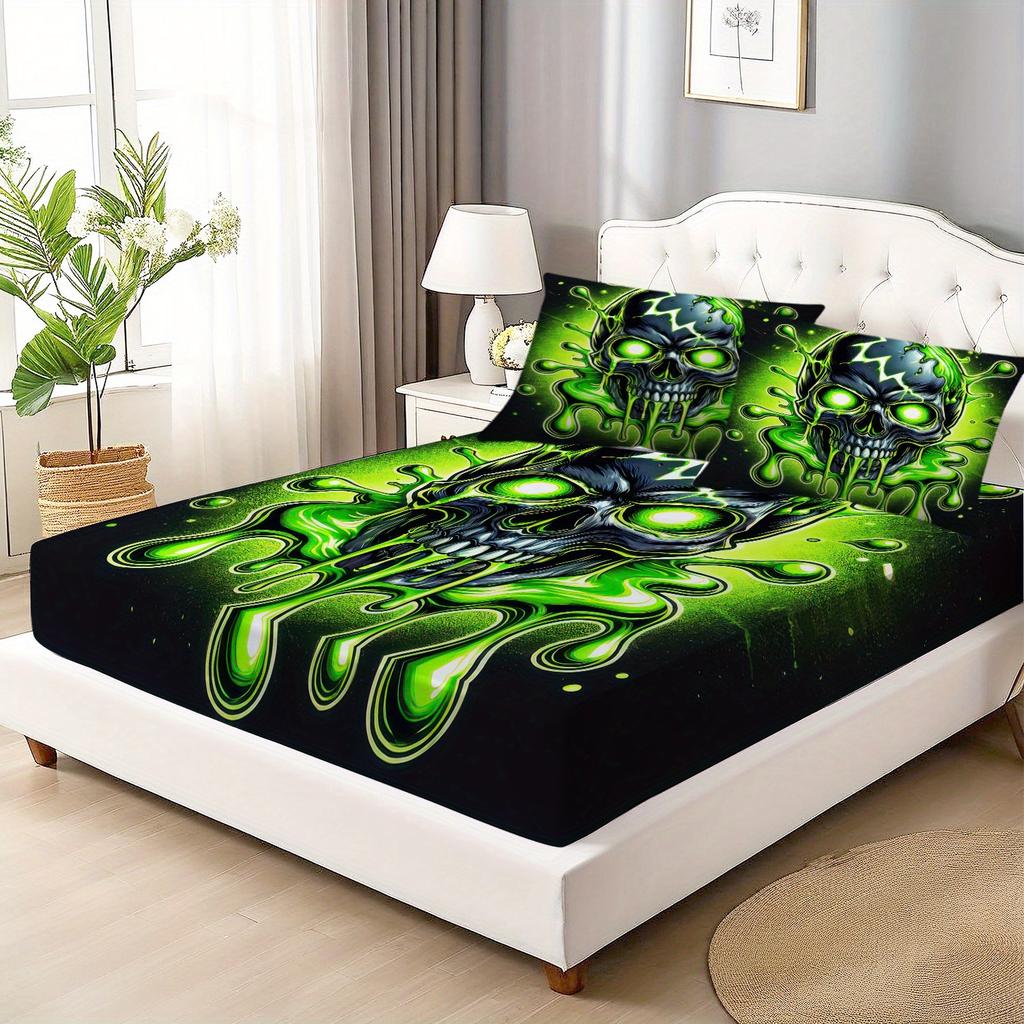 Green Slime Skull Fitted Sheet Set 3D Print Bedding Set Soft And Durable Fabric For Teens Bedroom Decor