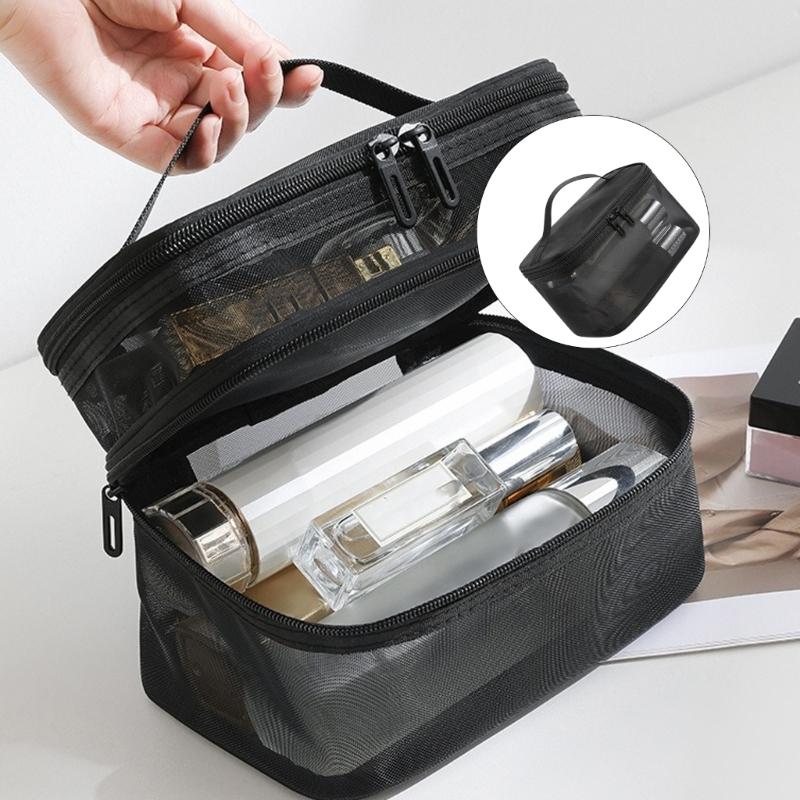 Nylon Mesh Cosmetic Organizers Double Layer Design Spacious Storage For Makeup Brushes Skincare Travel