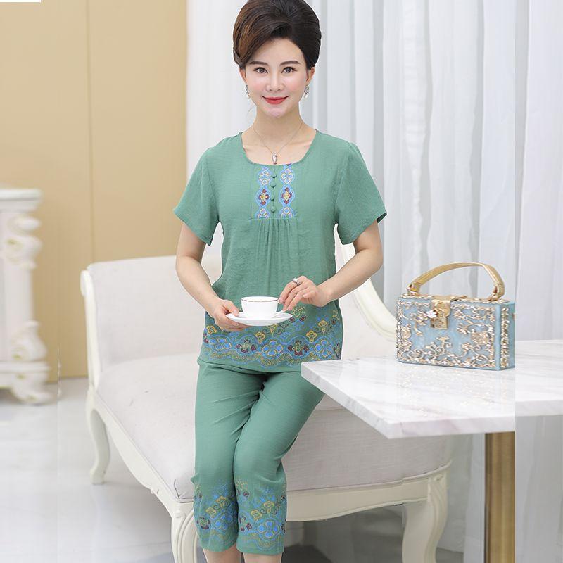 Pajamas for Women, Summer Short Sleeved Set for Middle-aged Mothers Two-piece Set for Home Wear, Can Be Worn Externally