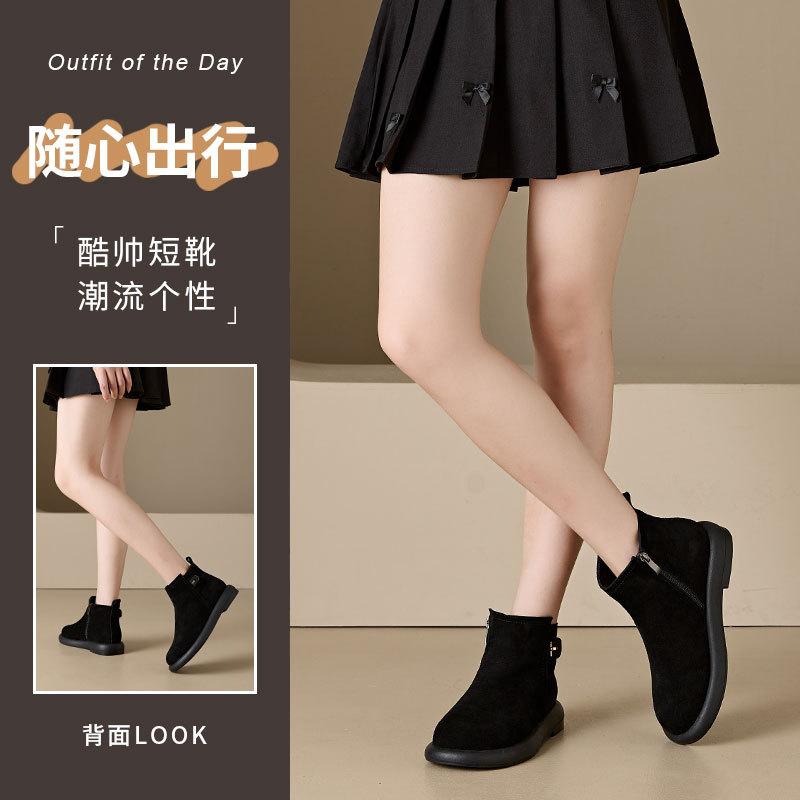 2025 autumn and winter leather velvet short boots women's versatile fashion Chelsea boots retro British style women's boots