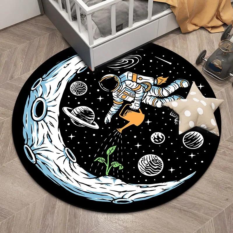 Круглый ковер с мультяшным астронавтом – Черный космический коврик для детской комнаты или спальни – Нескользящий декор для игровой комнаты, Детский подарок Diameter 90cm(35in)