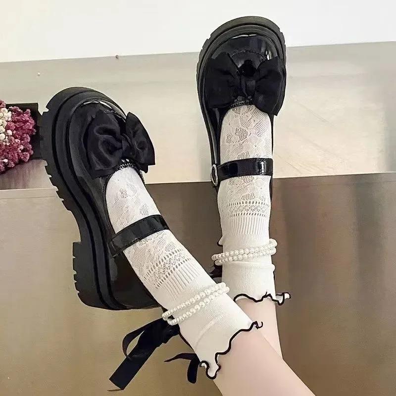 Women's Casual Japanese Thick-soled PU Leather Shoes Small Leather Shoes Single Mile Beaded Bow JK Casual Shoes