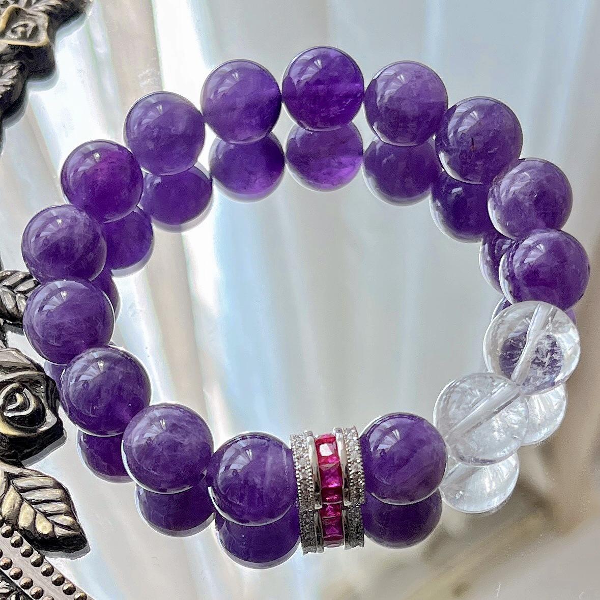 12Mm Natural Amethyst White Crystal Design Bracelet Bracelet