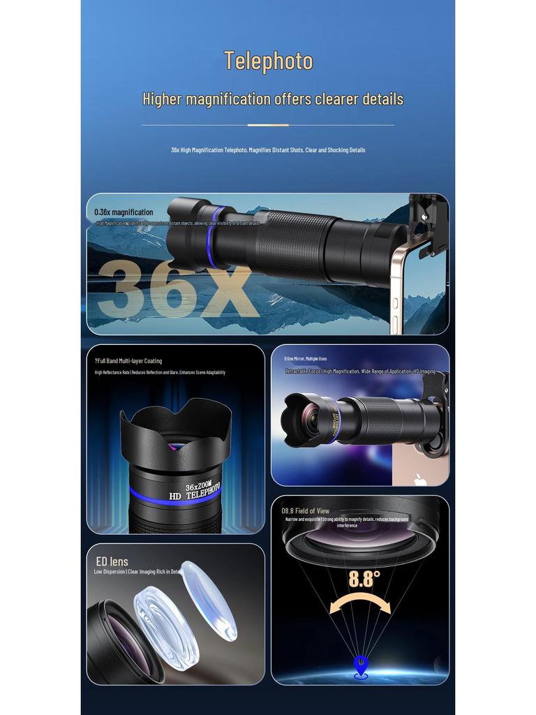 36x Telelens voor Mobiel: HD Monoculair met Breed Zicht voor Concerten, Vissen en Live Streaming