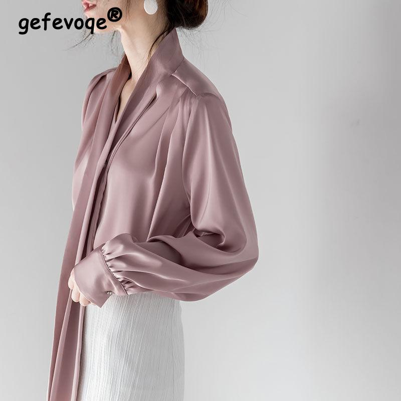 Satin Elegant Chic Ribbon Collar Long Sleeve Office Lady Shirt Spring Korean Fashion Simple Loose Solid Blouse Top Women Blusas