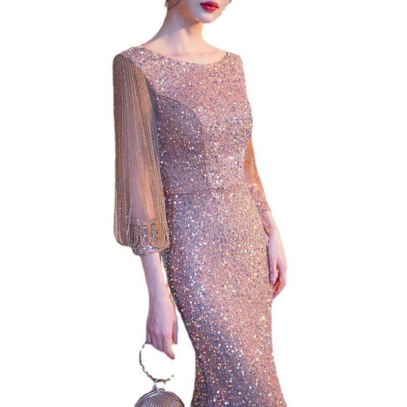 Fishtail Evening Dress Women's 1011 Summer Banquet Elegant Temperament Sequins Host Performance Celebrity Slim Dress