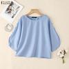 ZANZEA Blusa feminina casual com decote redondo e cor sólida, manga 3/4 solta