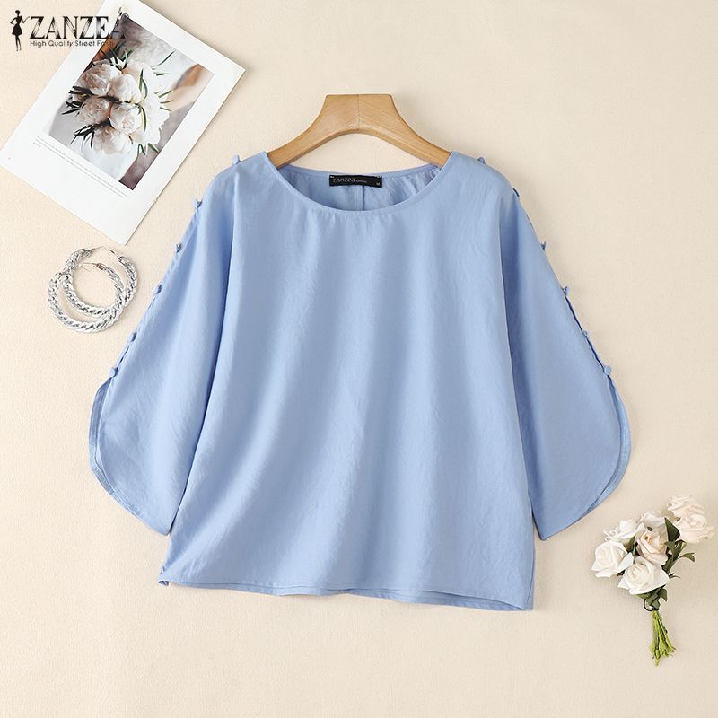 ZANZEA Blusa feminina casual com decote redondo e cor sólida, manga 3/4 solta