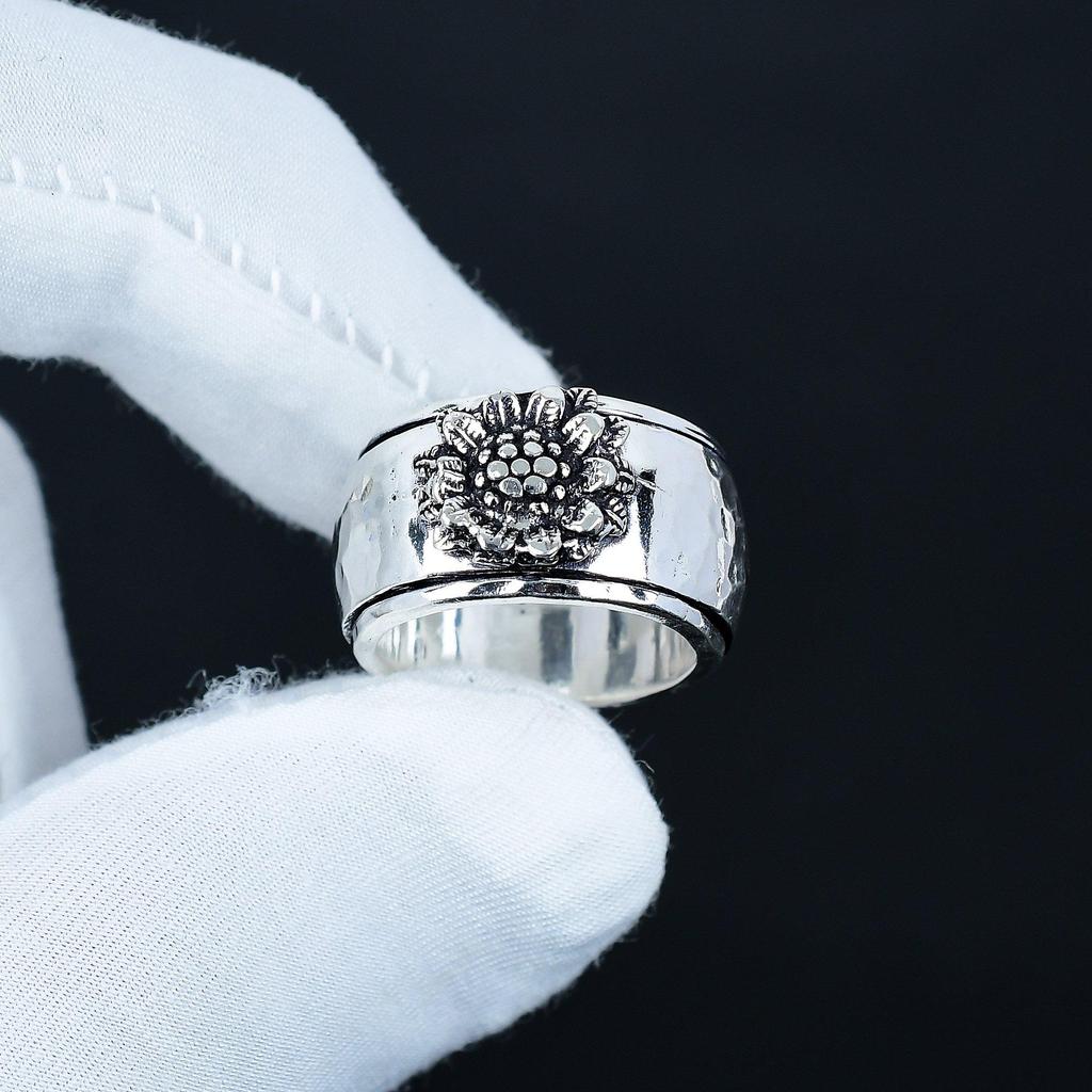 Bague Bande Design Floral, Bague Spinner Unisexe, Bague Spinner de Méditation, Bijou Fait Main en Argent Sterling 925 Cadeau Bague de Promesse pour Petite Amie