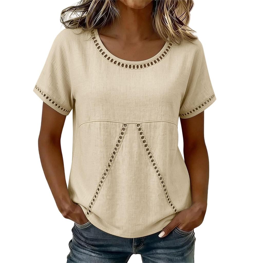 Women Casual Round Neck Shirt Hollow Out Patch Short Sleeve Top Lightweight Loose Fit Blouse for Everyday Wear