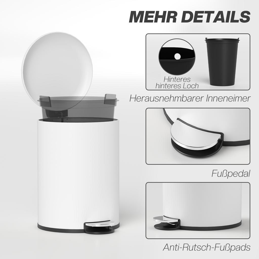 Trash Can 20L, with Pedal, Inner Bucket, Fingerprint-Proof, Quiet Closing, Cream White