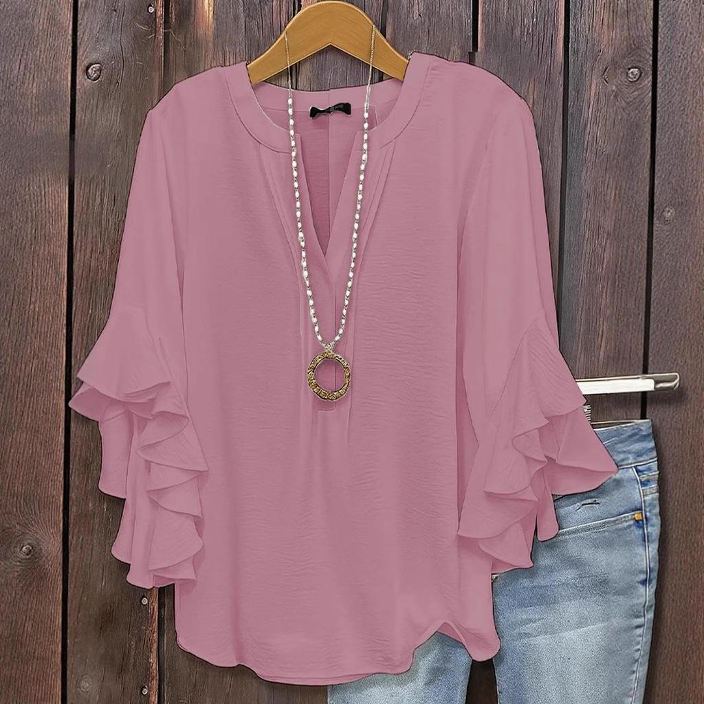 Women's V-Neck Bell Sleeve Top with Bow Detail In Multiple Colors