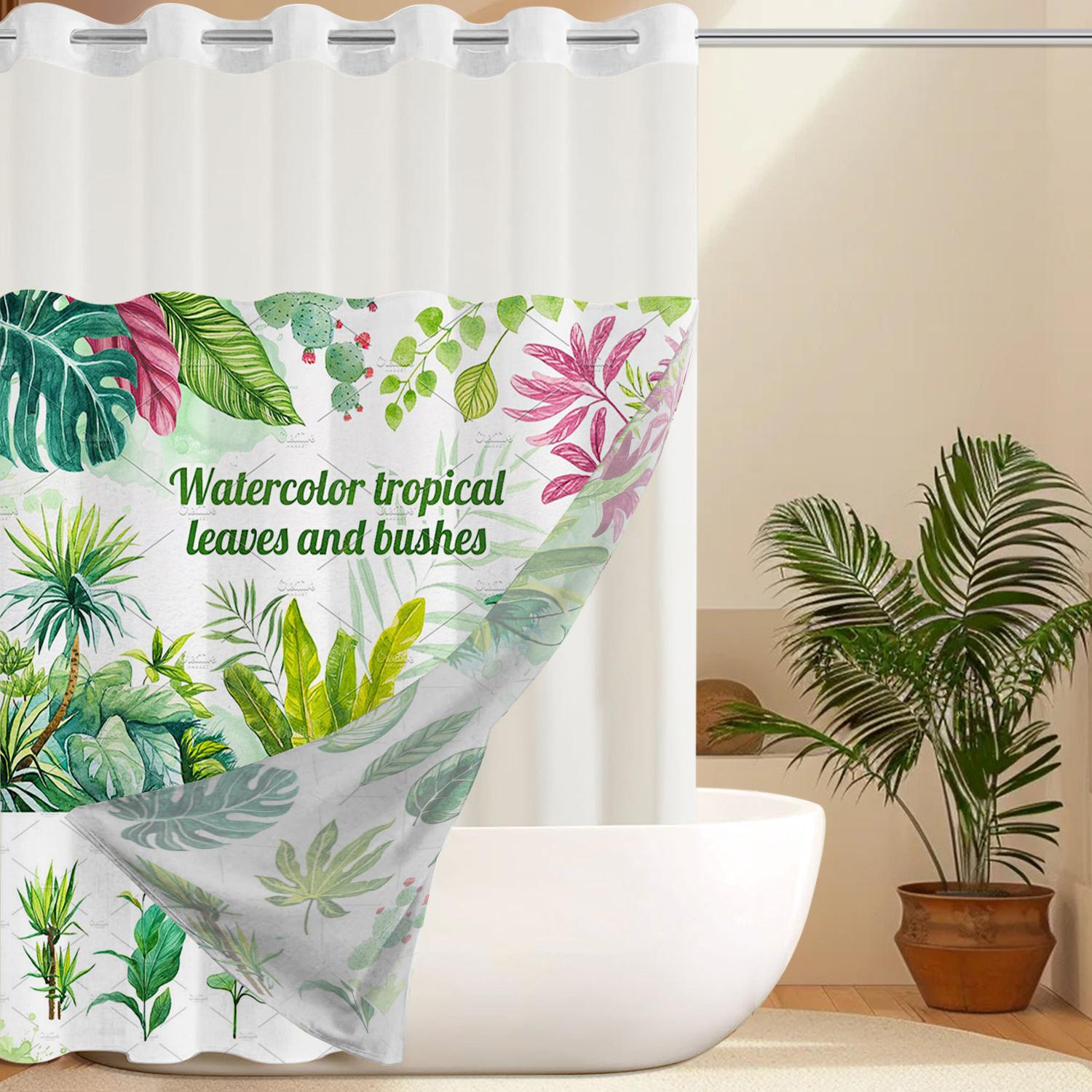 

Занавеска для душа с рисунком листьев, без крючков, с тканевой подкладкой на кнопках, прозрачным верхом-окном, водонепроницаемая двухслойная занавеска для ванны 180X188cm синий