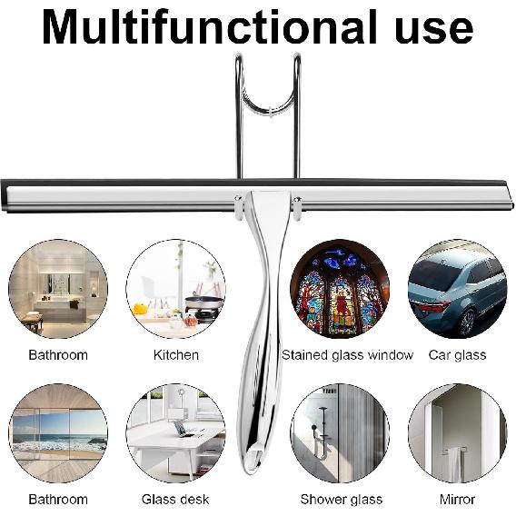 14 Inch Shower Squeegee Stainless Steel with Shower Door Hook and Adhesive Hook Glass Squeegee Bathroom for Doors, Bathroom, Windows, Kitchen, Mirror