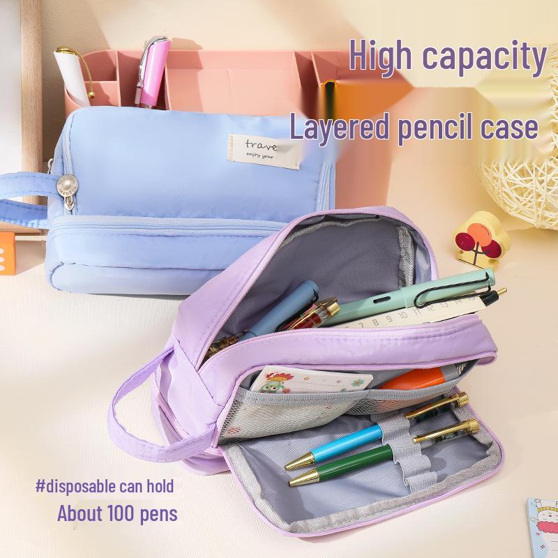 Large Capacity Multi-Layer Pencil Case - Solid Macaron Colors, Ideal for Middle School Students