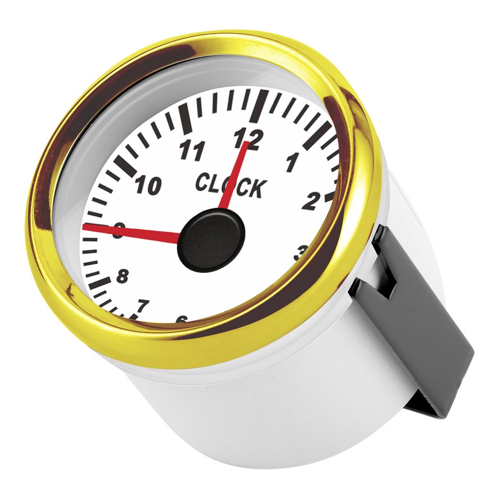 2in Universal Clock Gauge Instrument 0‑12 Hourmeter Red Backlight 12V 24V for Car Boat Yacht MotorcycleWhite Dial Gold