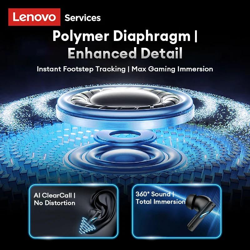 Lenovo Słuchawki douszne GT100 True Wireless do gier – Bluetooth 6.0, ultraniskie opóźnienie 38 ms, czteromikrofonowa redukcja szumów AI, etui z diodami LED RGB 23 h