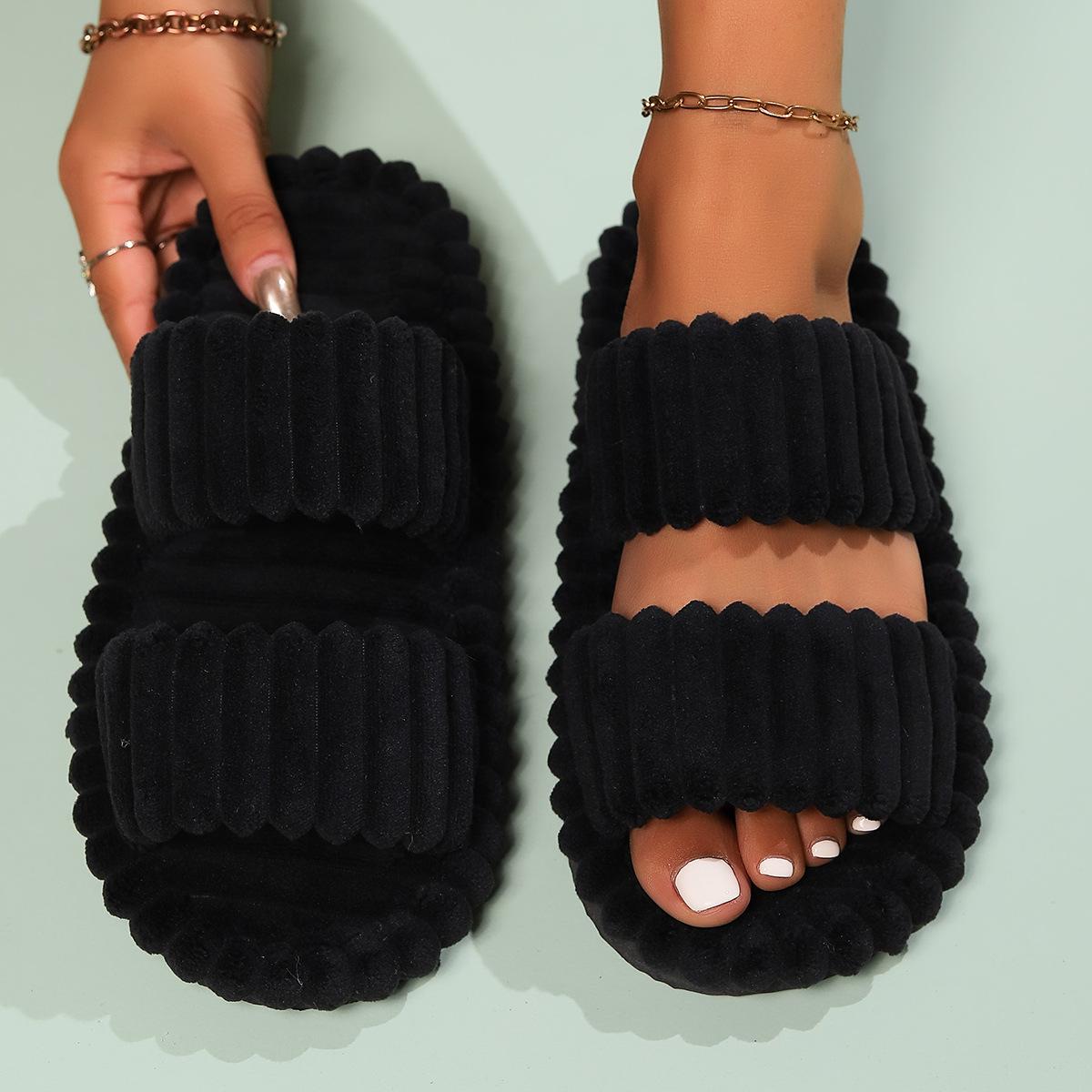

Элегантные женские плюшевые тапочки - Полосатые с открытым носком, Нескользящая подошва из ЭВА, Домашние хлопковые тапочки на платформе 42-43 чёрный