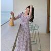 2025 French Retro Puff Sleeve Floral Chiffon Dress in Light Purple for Spring, Summer, and Autumn