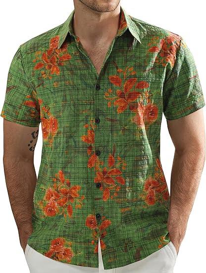 Men's Short Sleeve Shirt, Sunflower Print Loose Fit Shirt, Lightweight Collared Button-Up Casual Top