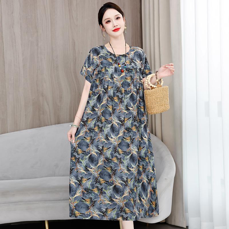 2 Neues hochwertiges florales Baumwoll-Seiden-Kleid für Damen-Sommer-Temperament, Bauchbedeckung für Mütter, große Größe künstliche Baumwolle langer Rock