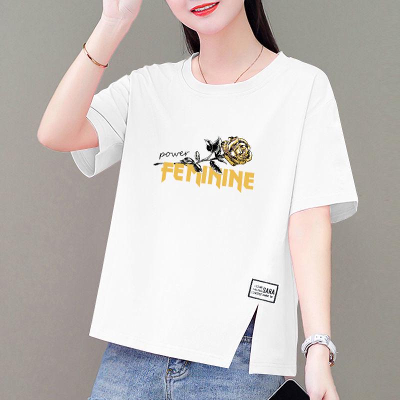 Korean Style Plus Size Loose Cotton Short-Sleeve Women's T-Shirt with Round Neck and Printed Design