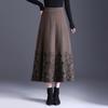 2025 Autumn/Winter Floral Knitted Wool A-Line Skirt - High Waist, Elastic, Thick Long Swing Skirt